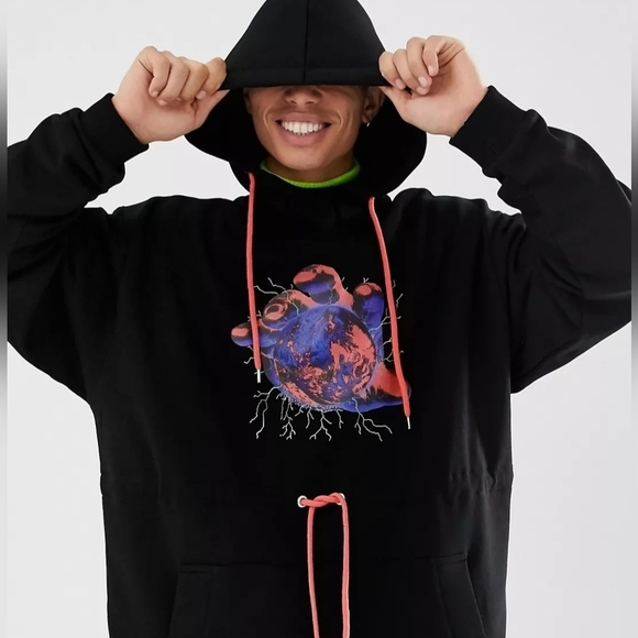 ASOS Other - Mens ASOS Design World Print Pullover Hoodie Black Drawcord Sweatshirt Medium